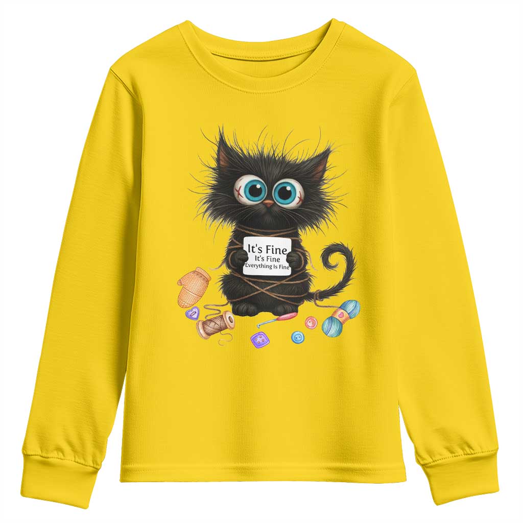 Funny Cat Crochet Lover Youth Sweatshirt Its Fine I am Fine Everything Is Fine - Wonder Print Shop