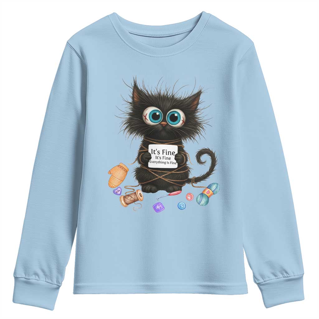 Funny Cat Crochet Lover Youth Sweatshirt Its Fine I am Fine Everything Is Fine - Wonder Print Shop