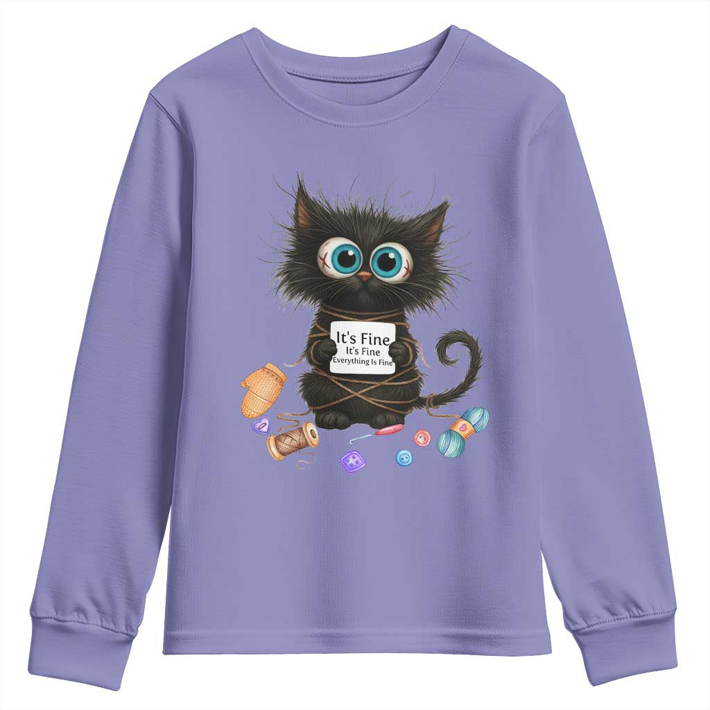 Funny Cat Crochet Lover Youth Sweatshirt Its Fine I am Fine Everything Is Fine - Wonder Print Shop