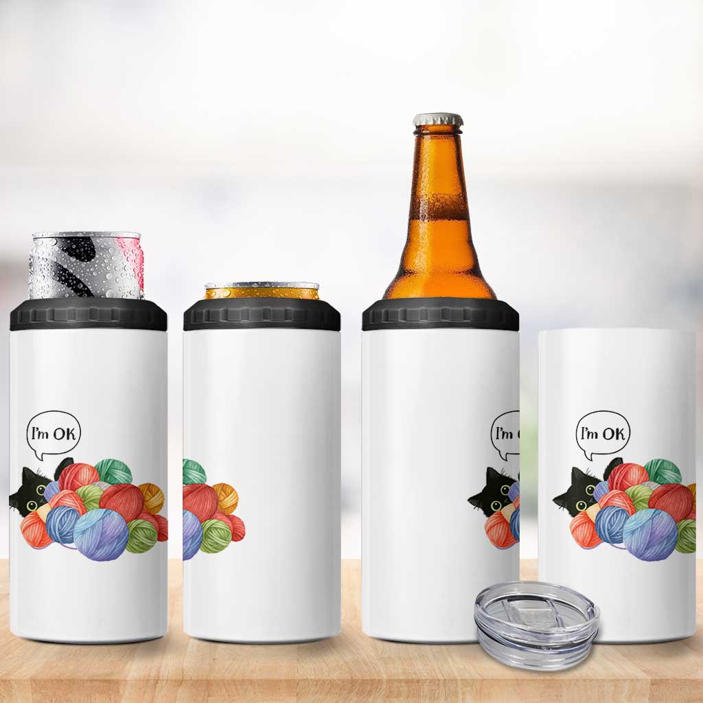 I’m OK 4 in 1 Can Cooler Tumbler Cat Tangled In Yarn Funny Crochet Gift - Wonder Print Shop