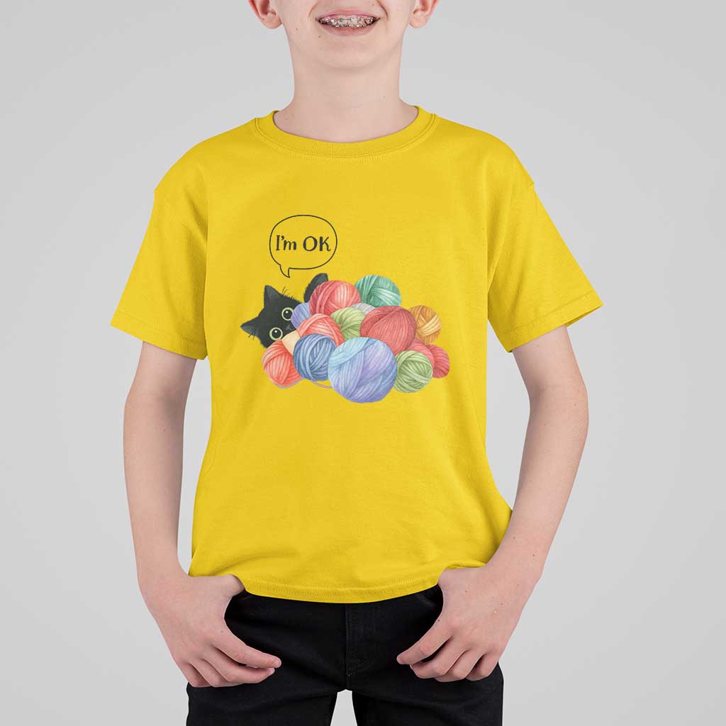 I’m OK T Shirt For Kid Cat Tangled In Yarn Funny Crochet Gift - Wonder Print Shop
