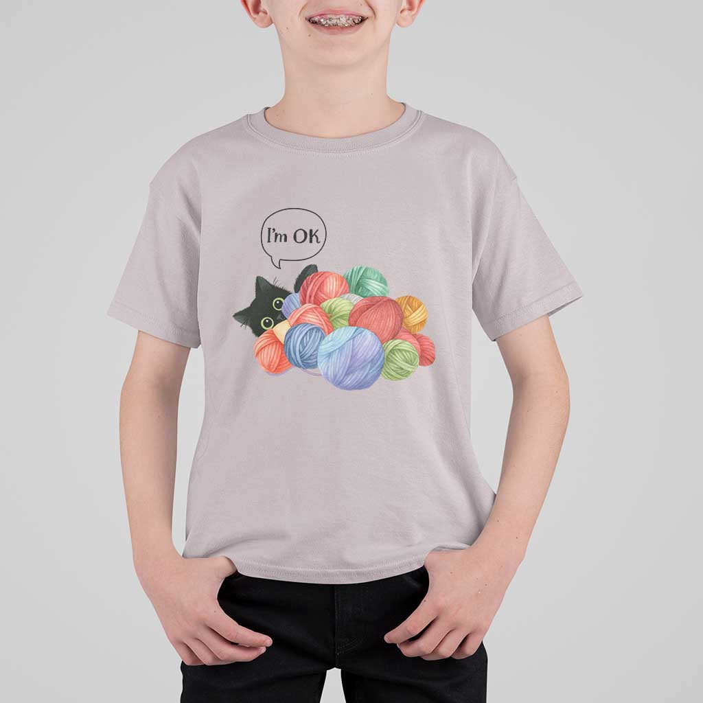 I’m OK T Shirt For Kid Cat Tangled In Yarn Funny Crochet Gift - Wonder Print Shop