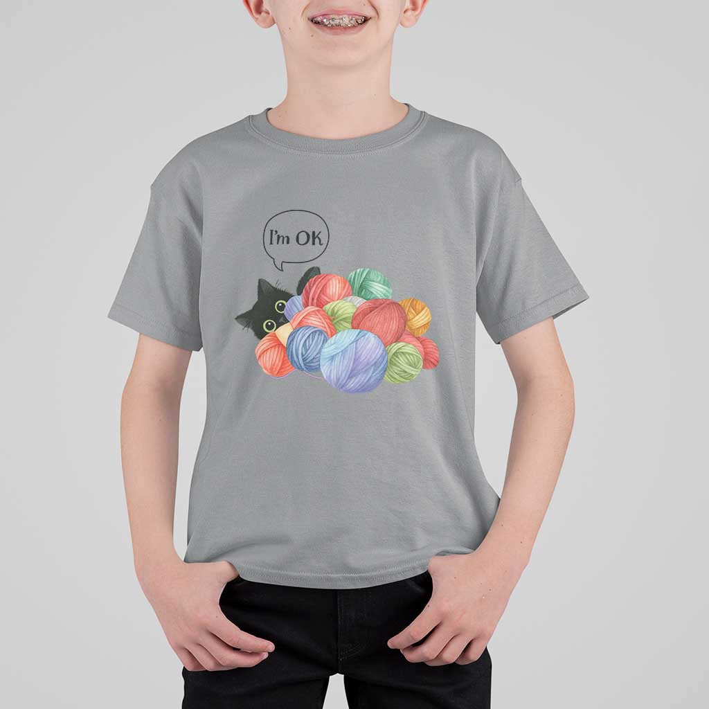 I’m OK T Shirt For Kid Cat Tangled In Yarn Funny Crochet Gift - Wonder Print Shop
