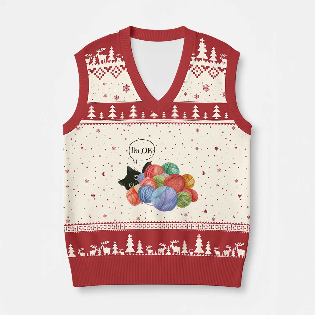 I’m OK V-Neck Knit Sweater Vest Cat Tangled In Yarn Funny Crochet Gift - Wonder Print Shop