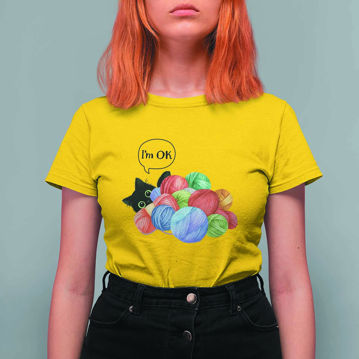 I’m OK T Shirt For Women Cat Tangled In Yarn Funny Crochet Gift - Wonder Print Shop