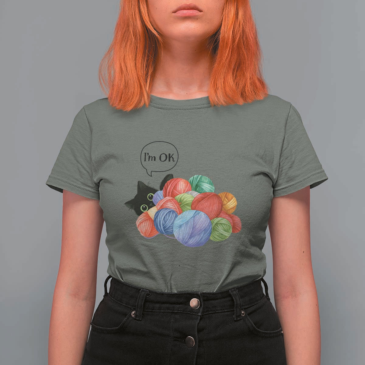 I’m OK T Shirt For Women Cat Tangled In Yarn Funny Crochet Gift - Wonder Print Shop