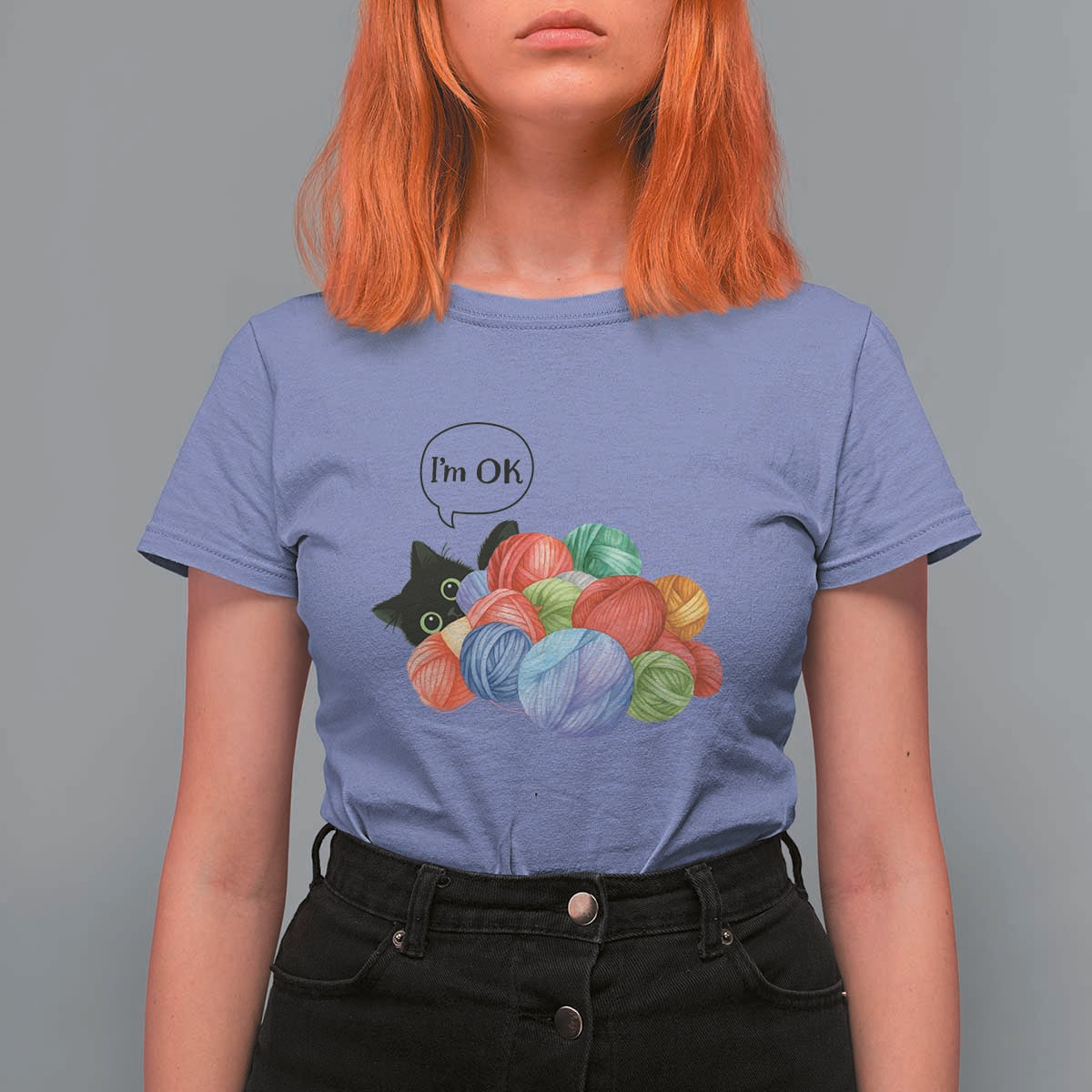 I’m OK T Shirt For Women Cat Tangled In Yarn Funny Crochet Gift - Wonder Print Shop