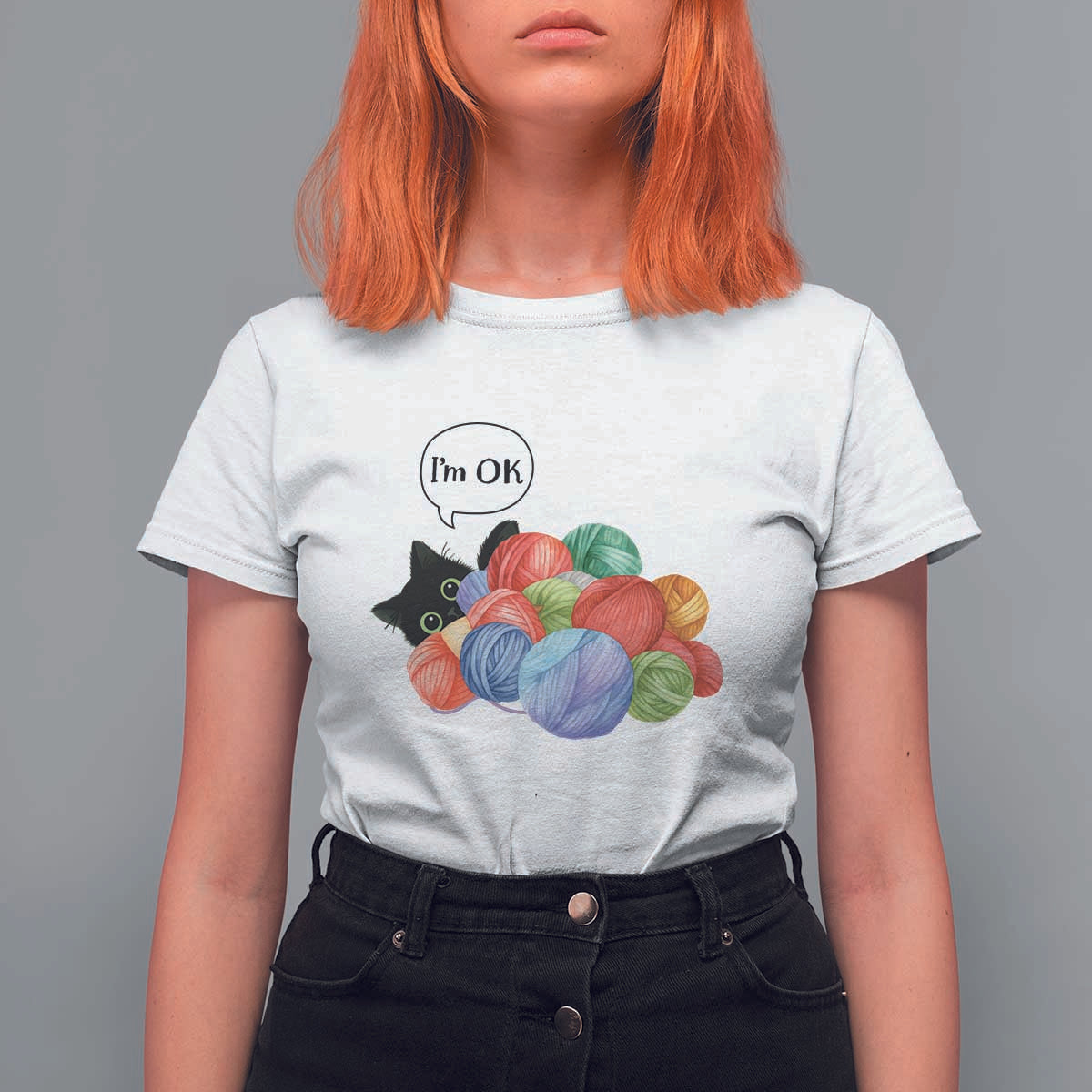 I’m OK T Shirt For Women Cat Tangled In Yarn Funny Crochet Gift - Wonder Print Shop