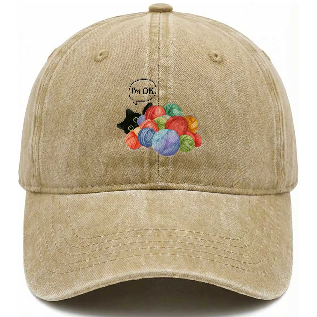 I’m OK Washed Cotton Baseball Cap Cat Tangled In Yarn Funny Crochet Gift