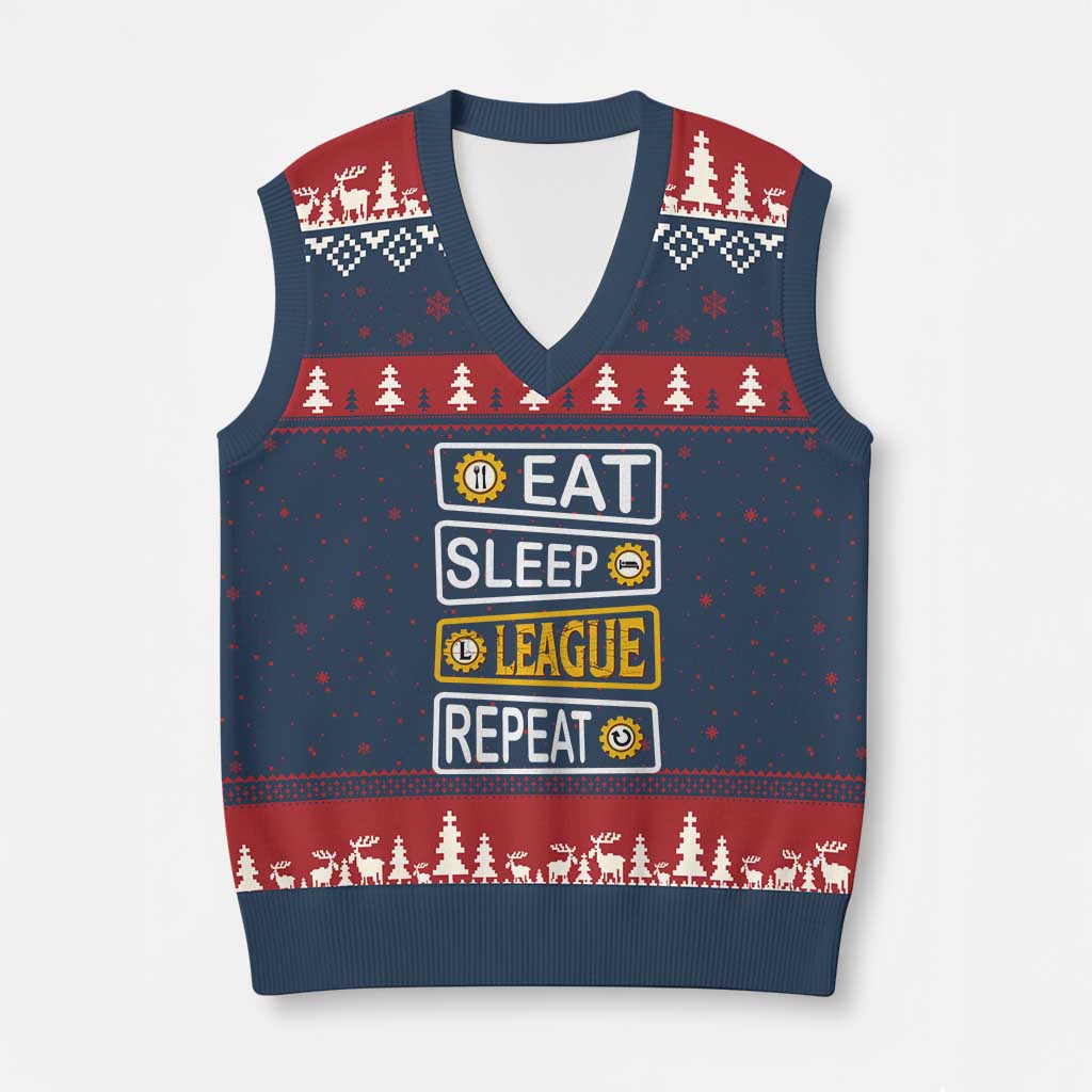 Funny Eat Sleep League Repeat V-Neck Knit Sweater Vest Gaming Quote Gift For Gamer - Wonder Print Shop