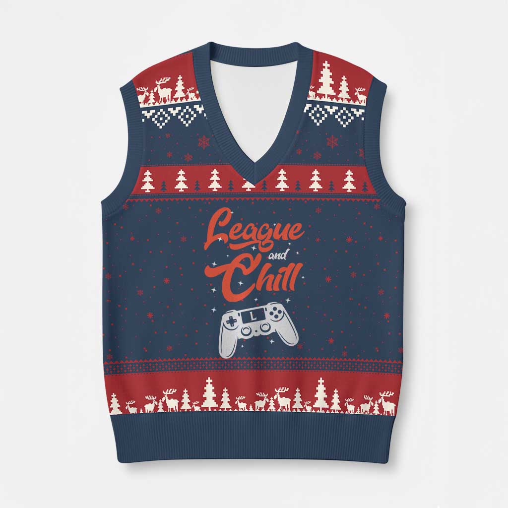 League And Chill V-Neck Knit Sweater Vest Funny Gaming Quote Gift For Gamer - Wonder Print Shop