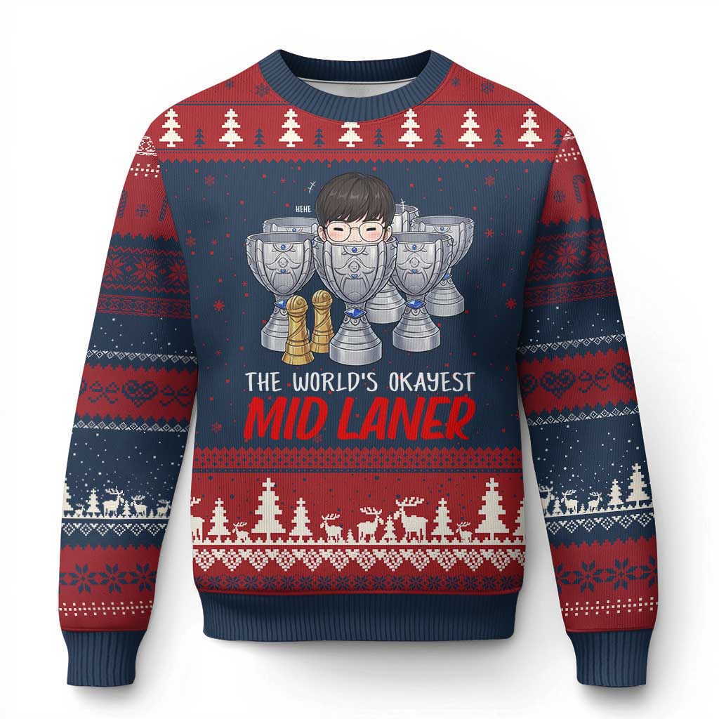 Worlds Okayest Mid Laner Ugly Christmas Sweater Funny Game Lover Gift - Wonder Print Shop
