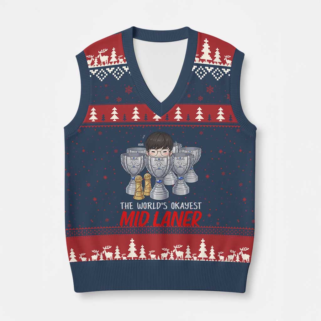 Worlds Okayest Mid Laner V-Neck Knit Sweater Vest Funny Game Lover Gift - Wonder Print Shop