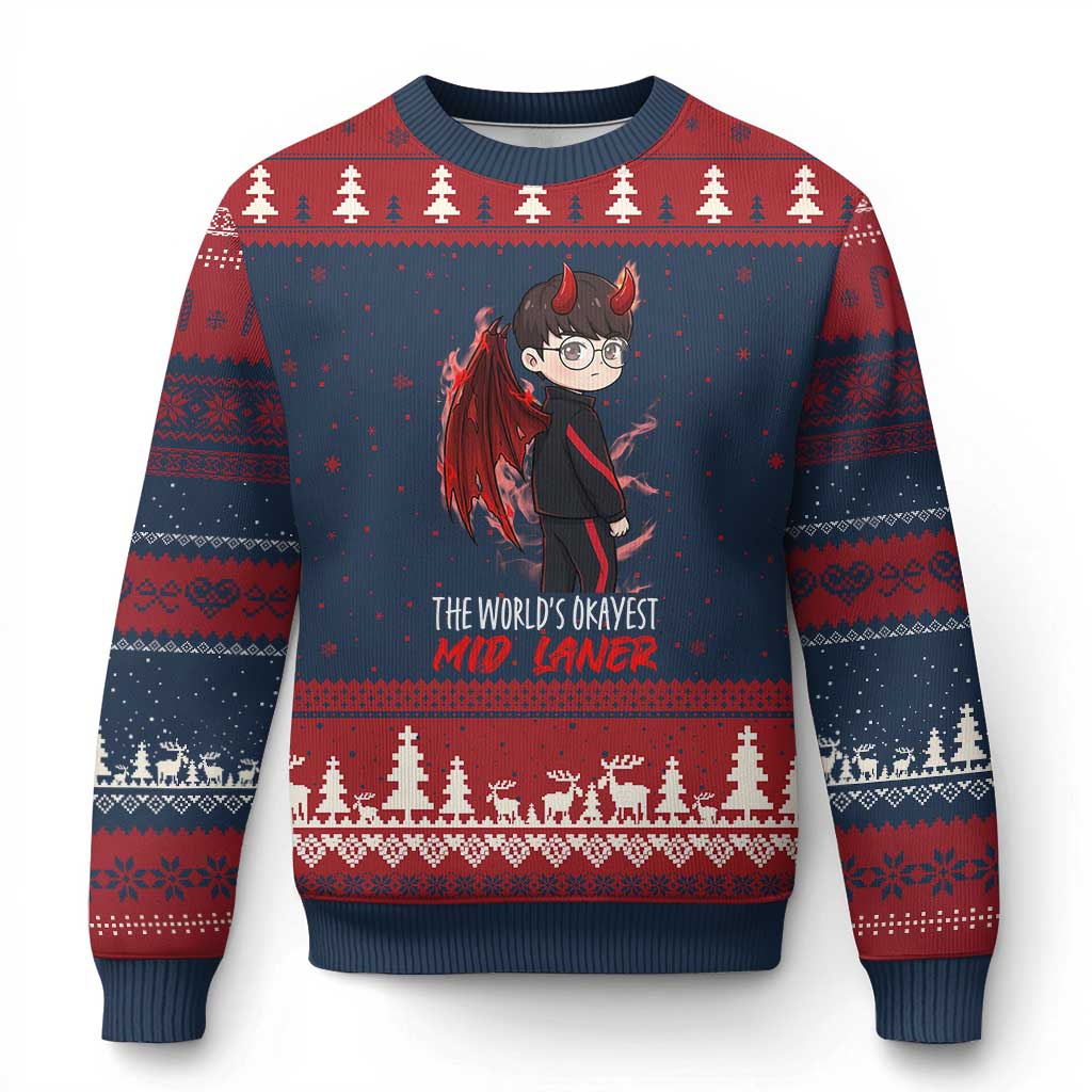 Worlds Okayest Mid Laner Ugly Christmas Sweater Funny Gift For Gamer - Wonder Print Shop