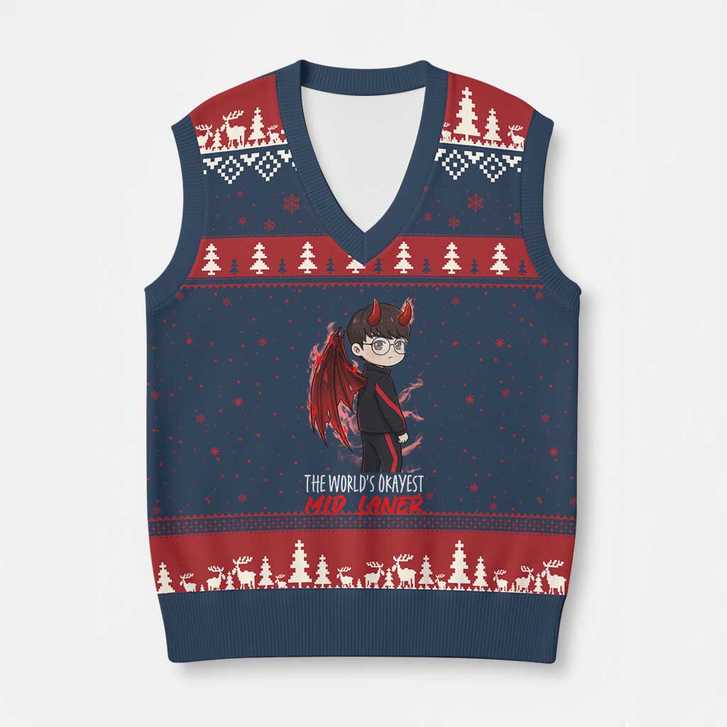 Worlds Okayest Mid Laner V-Neck Knit Sweater Vest Funny Gift For Gamer - Wonder Print Shop