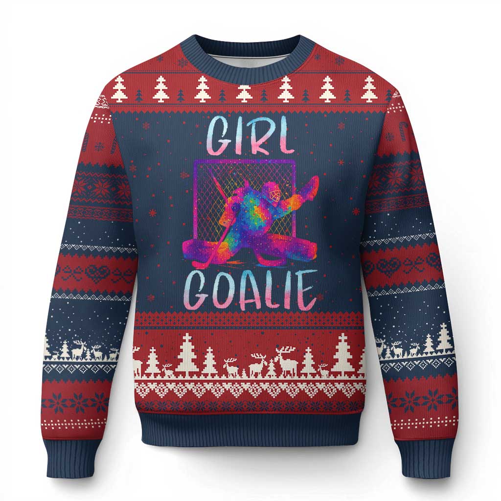 Funny Ice Hockey Girl Goalie Splatter Art Ugly Christmas Sweater Gift For Women - Wonder Print Shop
