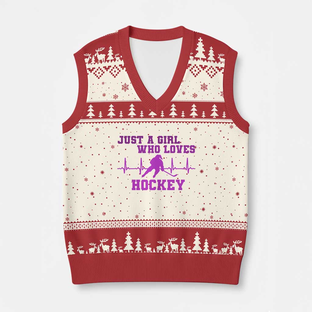 Funny Just A Girl Who Loves Hockey V-Neck Knit Sweater Vest Gift For Women - Wonder Print Shop