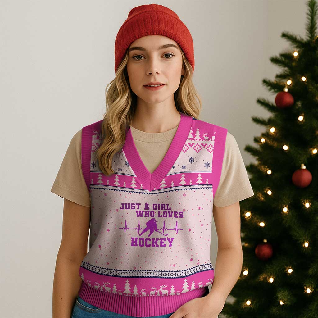 Funny Just A Girl Who Loves Hockey V-Neck Knit Sweater Vest Gift For Women - Wonder Print Shop