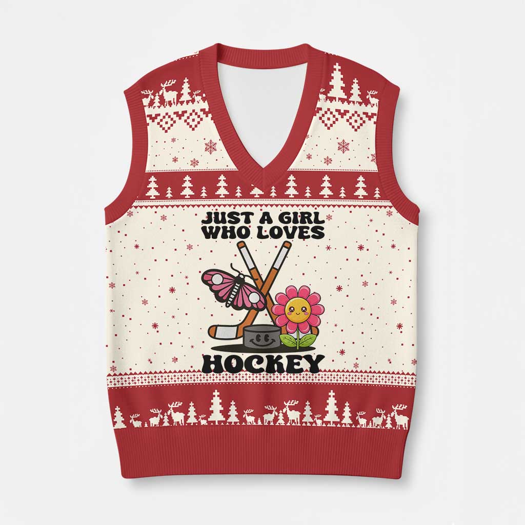 Just A Girl Who Loves Ice Hockey V-Neck Knit Sweater Vest Sports Lover Gift - Wonder Print Shop
