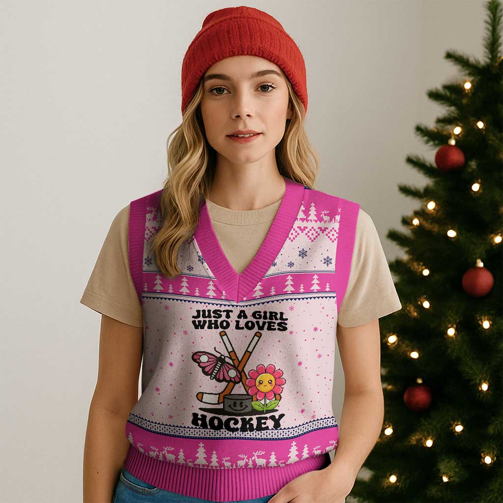 Just A Girl Who Loves Ice Hockey V-Neck Knit Sweater Vest Sports Lover Gift - Wonder Print Shop