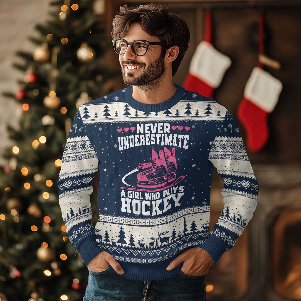 Never Underestimate A Girl Who Plays Hockey Ugly Christmas Sweater Gift For Women - Wonder Print Shop