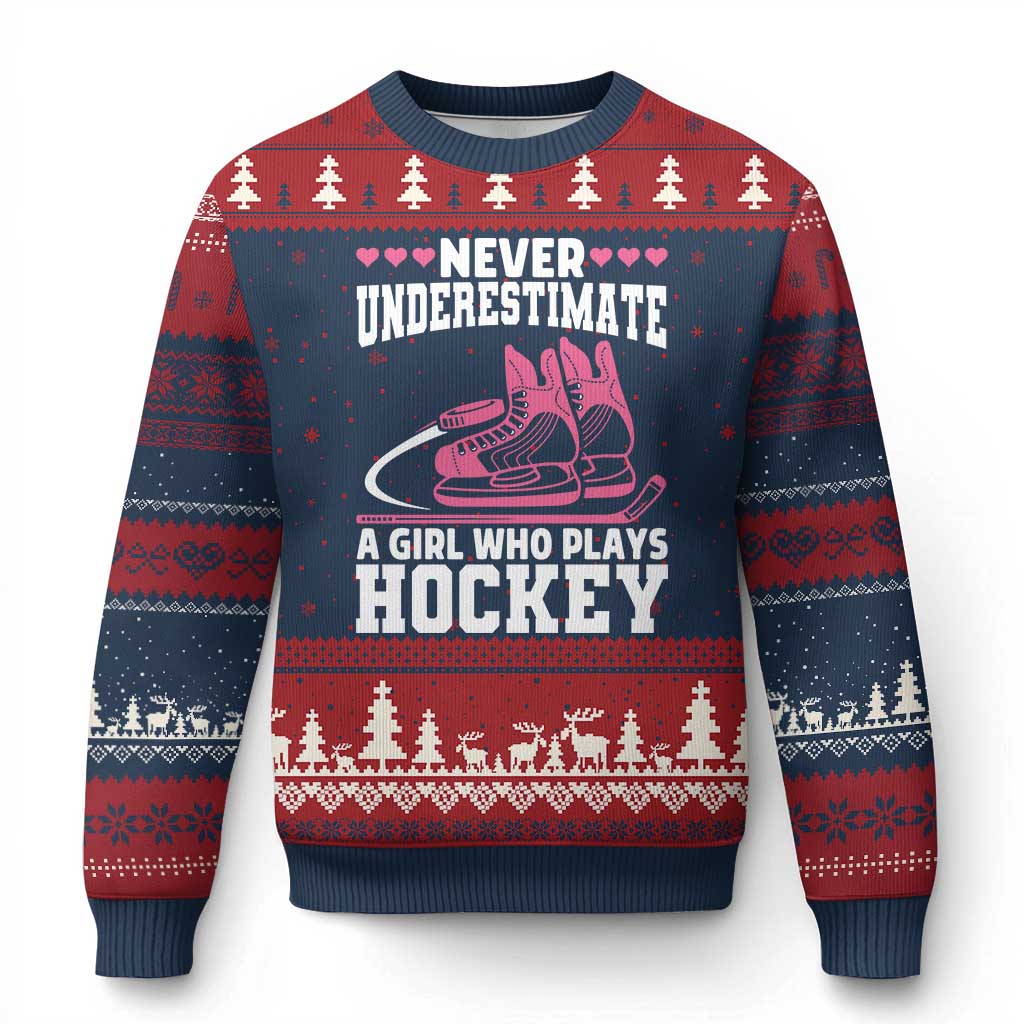 Never Underestimate A Girl Who Plays Hockey Ugly Christmas Sweater Gift For Women - Wonder Print Shop