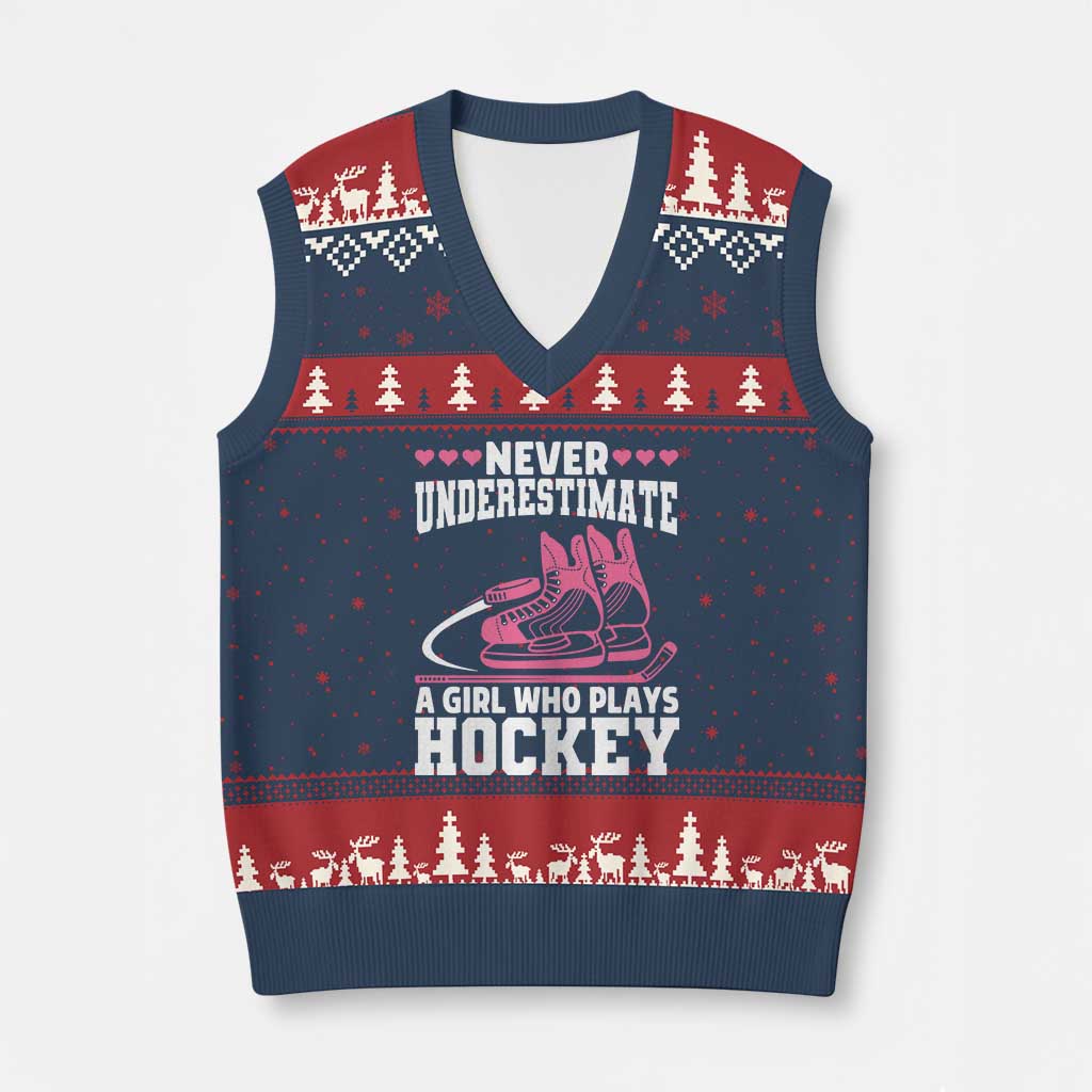 Never Underestimate A Girl Who Plays Hockey V-Neck Knit Sweater Vest Gift For Women - Wonder Print Shop