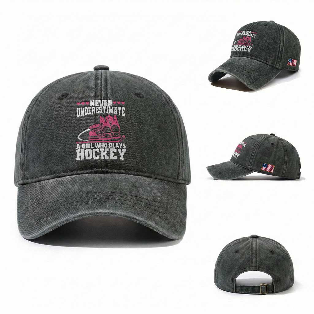 Never Underestimate A Girl Who Plays Hockey Washed Cotton Baseball Cap Gift For Women