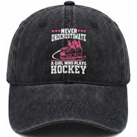 Never Underestimate A Girl Who Plays Hockey Washed Cotton Baseball Cap Gift For Women
