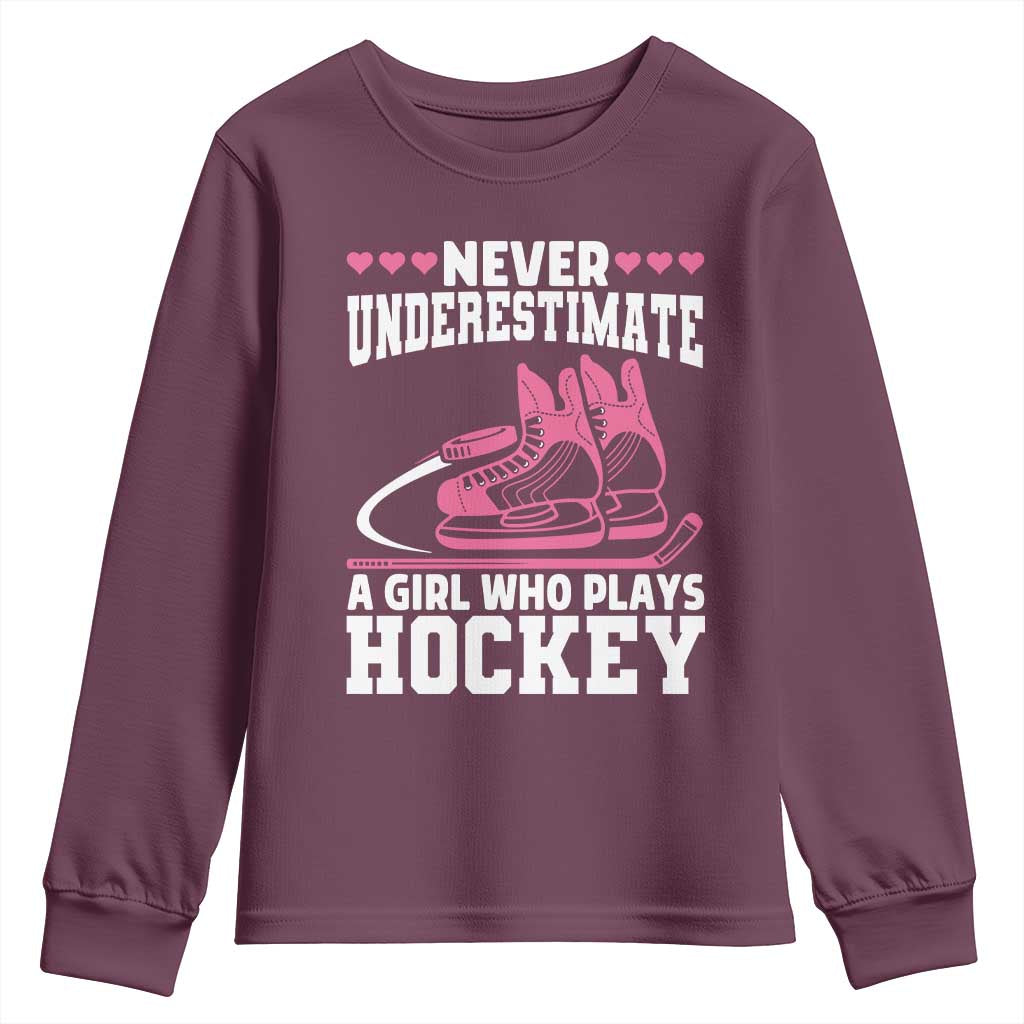 Never Underestimate A Girl Who Plays Hockey Youth Sweatshirt Gift For Women - Wonder Print Shop