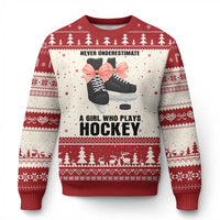 Never Underestimate A Girl Hockey Player Gift Idea Ugly Christmas Sweater - Wonder Print Shop