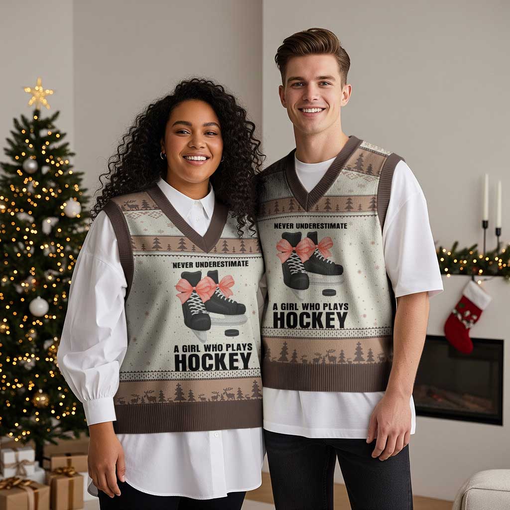 Never Underestimate A Girl Hockey Player Gift Idea V-Neck Knit Sweater Vest - Wonder Print Shop