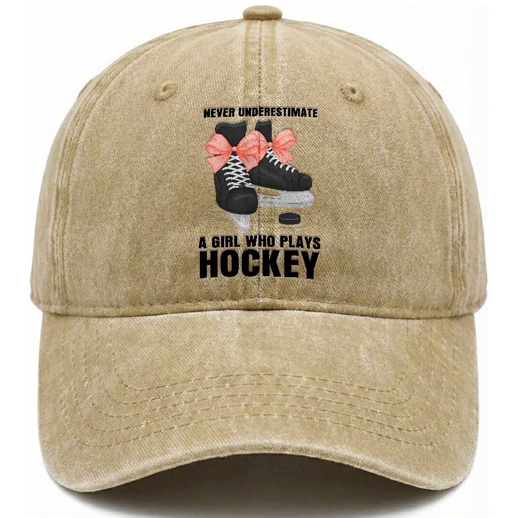 Never Underestimate A Girl Hockey Player Gift Idea Washed Cotton Baseball Cap