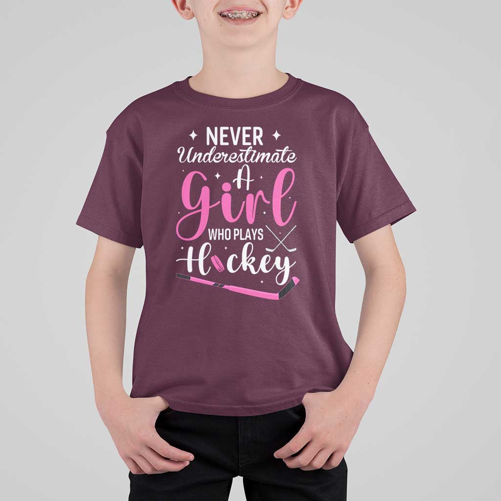 Never Underestimate A Girl Who Plays Hockey T Shirt For Kid Sports Lover Gift - Wonder Print Shop