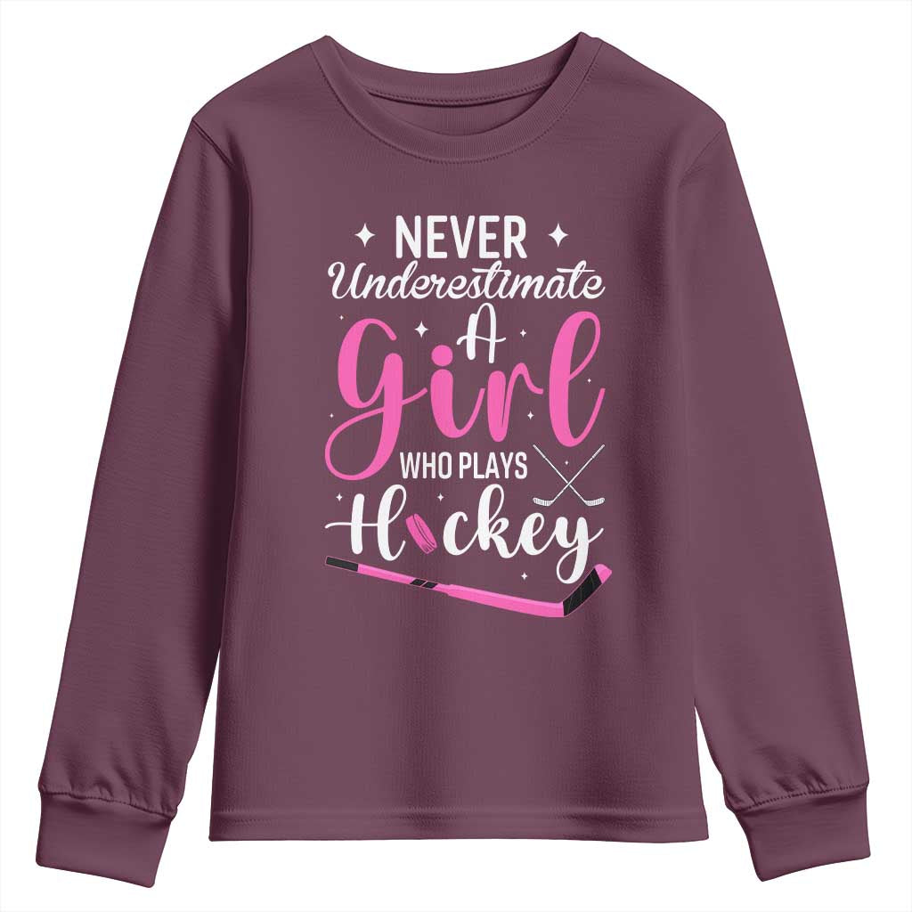 Never Underestimate A Girl Who Plays Hockey Youth Sweatshirt Sports Lover Gift - Wonder Print Shop