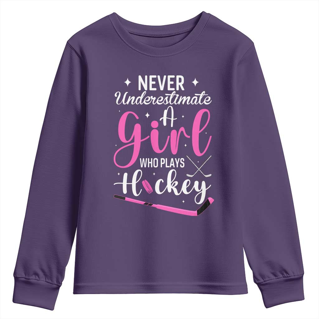 Never Underestimate A Girl Who Plays Hockey Youth Sweatshirt Sports Lover Gift - Wonder Print Shop