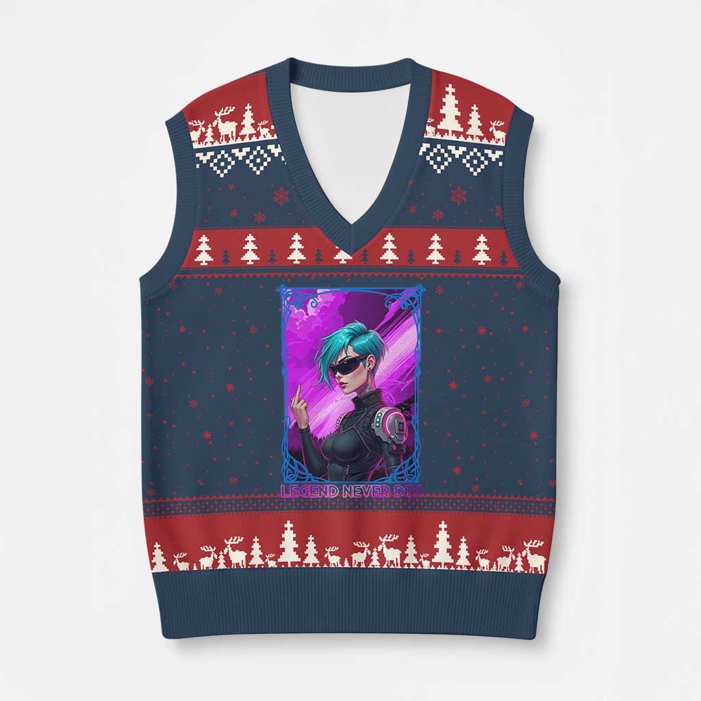 Cyberpunk Girl Legend Never Die V-Neck Knit Sweater Vest Gaming Aesthetic Gift - Wonder Print Shop