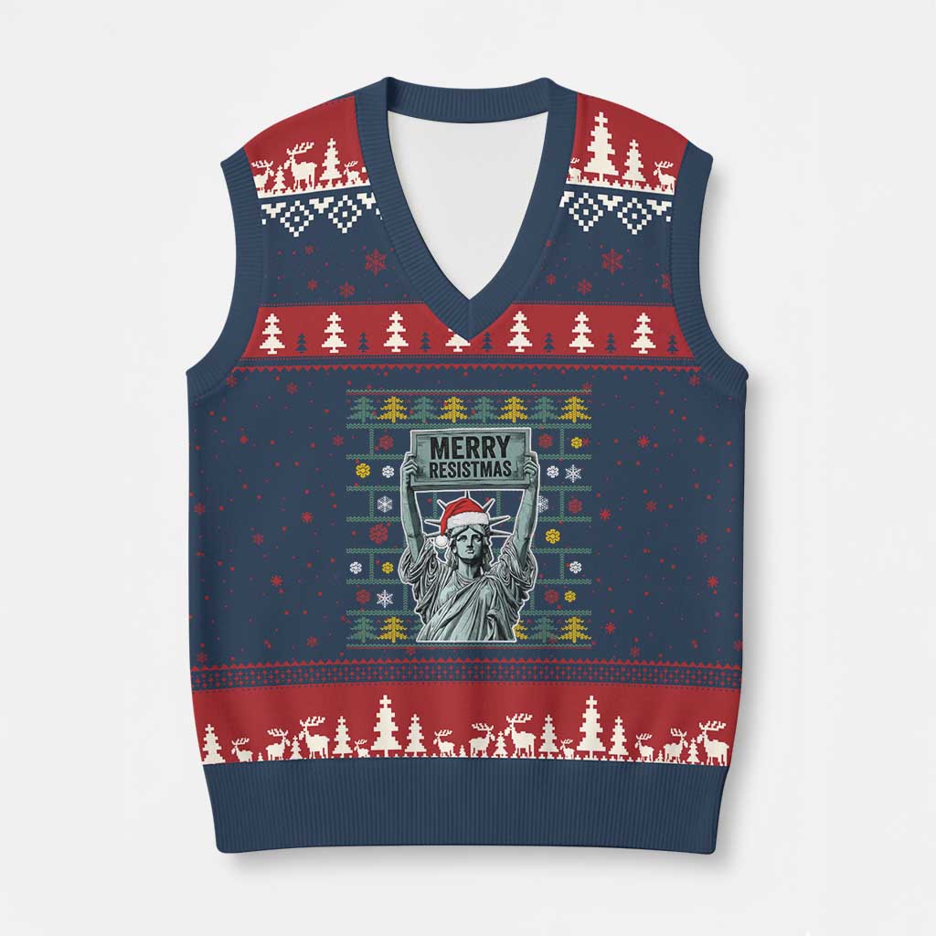 Funny Liberty Statue Ugly Sweater Gift V-Neck Knit Sweater Vest Merry Resistmas - Wonder Print Shop