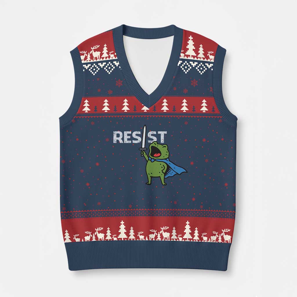 Resist Frog Warrior V-Neck Knit Sweater Vest Funny Rebel Meme Gift - Wonder Print Shop