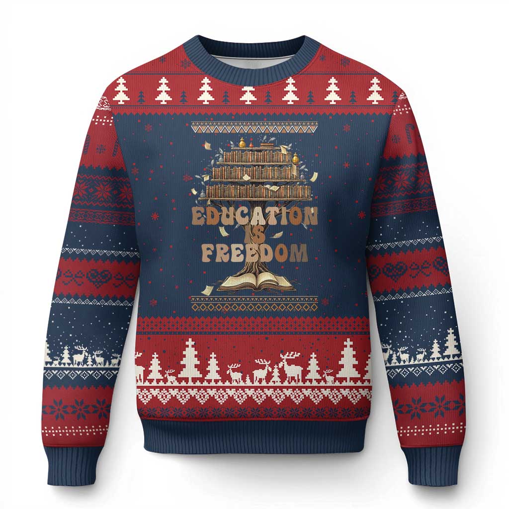 Education Is Freedom Teacher Gift Ugly Christmas Sweater Inspirational Africa Map Book Stack - Wonder Print Shop