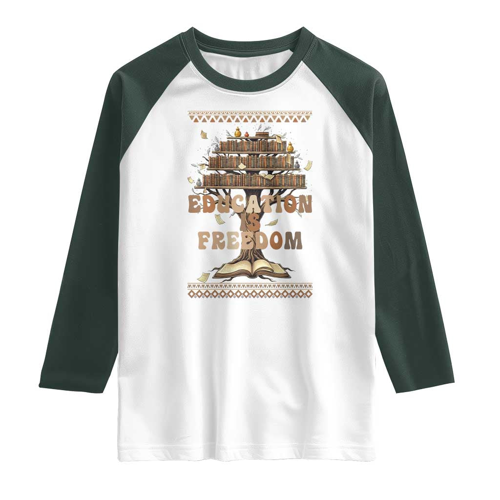 Education Is Freedom Teacher Gift Raglan Shirt Inspirational Africa Map Book Stack - Wonder Print Shop