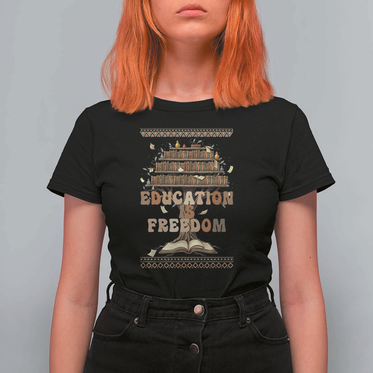Education Is Freedom Teacher Gift T Shirt For Women Inspirational Africa Map Book Stack - Wonder Print Shop