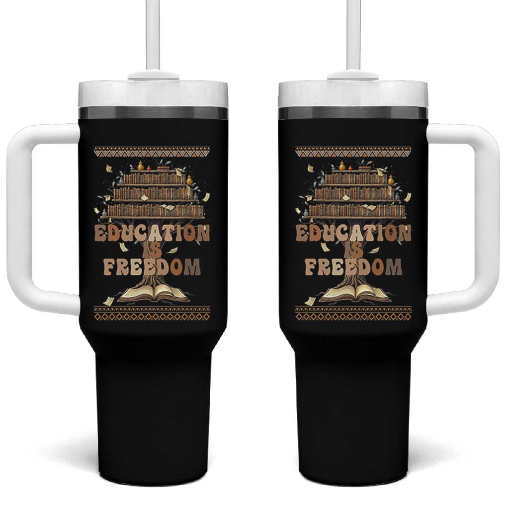 Education Is Freedom Teacher Gift Tumbler With Handle Inspirational Africa Map Book Stack - Wonder Print Shop