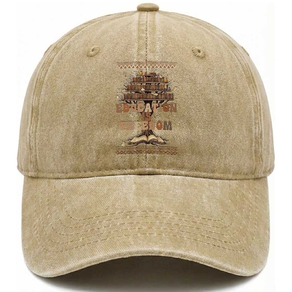 Education Is Freedom Teacher Gift Washed Cotton Baseball Cap Inspirational Africa Map Book Stack
