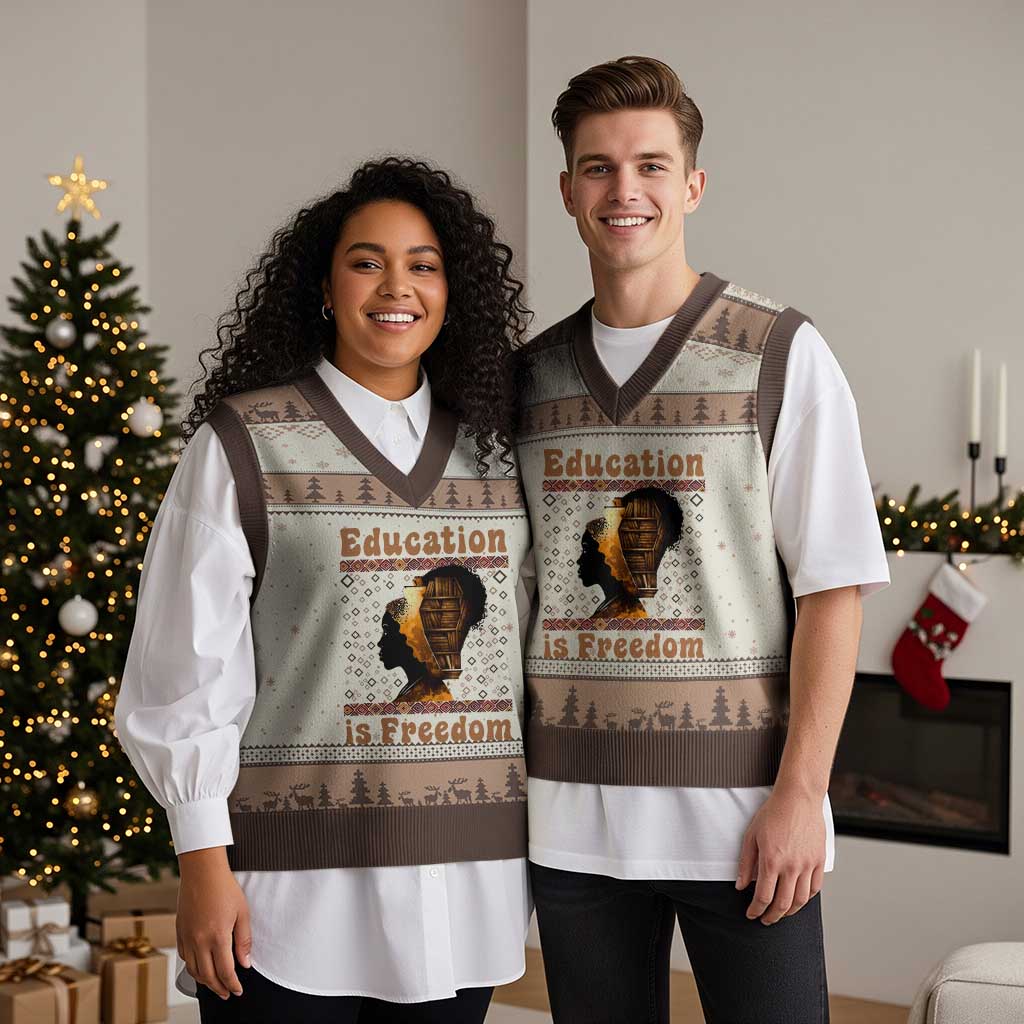 Education Is Freedom V-Neck Knit Sweater Vest Black History Women Teacher Gift - Wonder Print Shop