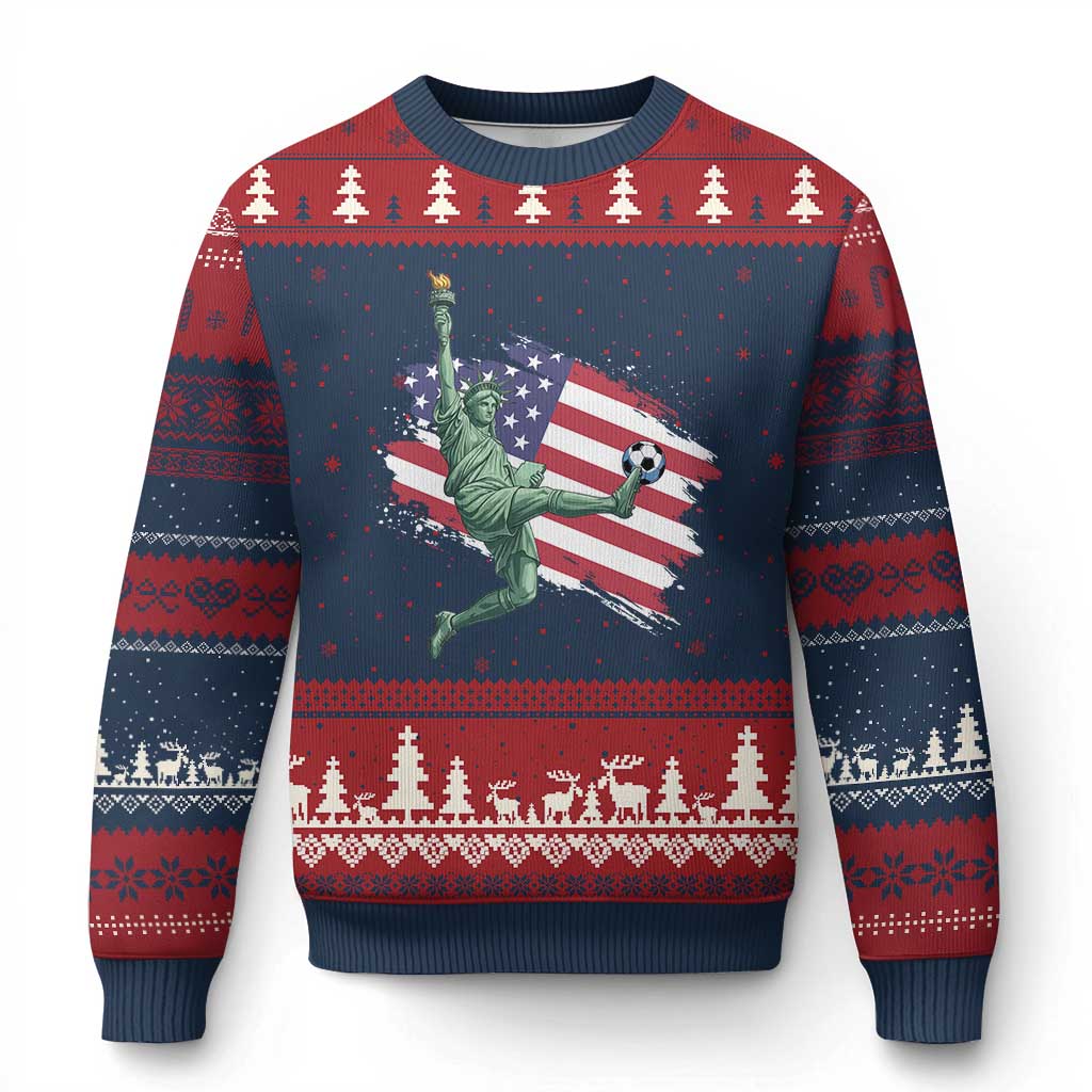 Funny Statue Of Liberty Playing Soccer Ugly Christmas Sweater New Yorker Fan Gift