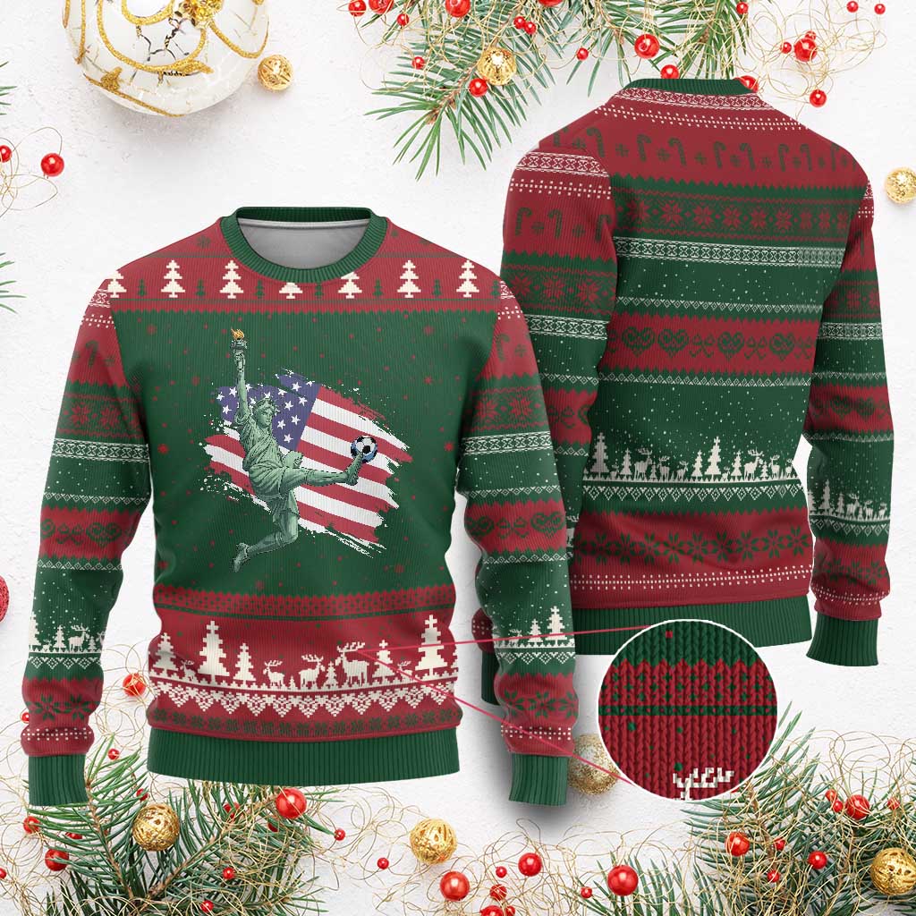 Funny Statue Of Liberty Playing Soccer Ugly Christmas Sweater New Yorker Fan Gift
