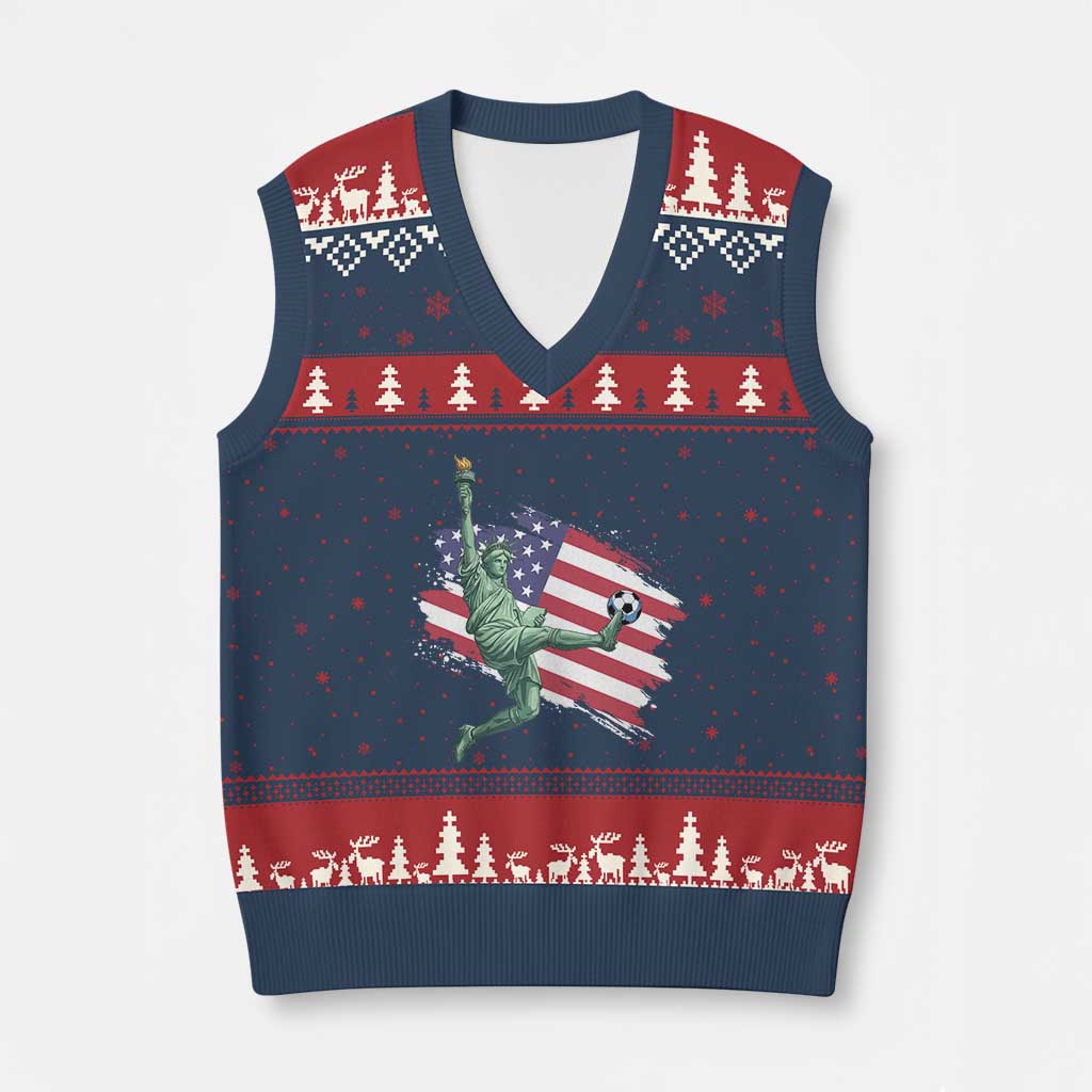 Funny Statue Of Liberty Playing Soccer V-Neck Knit Sweater Vest New Yorker Fan Gift