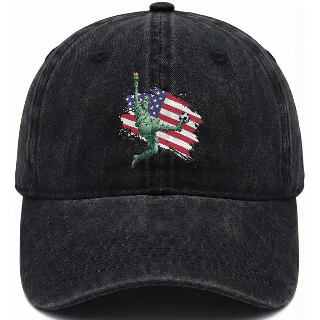 Funny Statue Of Liberty Playing Soccer Washed Cotton Baseball Cap New Yorker Fan Gift