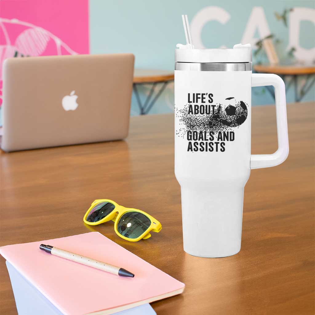Funny Life Is About Goals And Assists Tumbler With Handle Goalkeepers Gifts